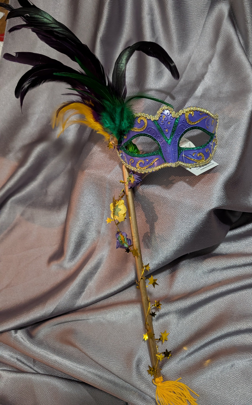 Venetian Style Mardi Gras Mask w/ Side Feathers With Handle