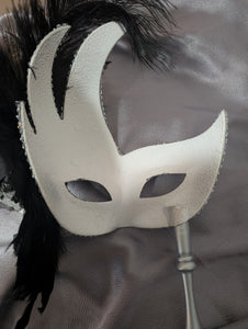 Venetian Style Masquerade Swan Motif with Feathers and Attached Stick in 3 Colors