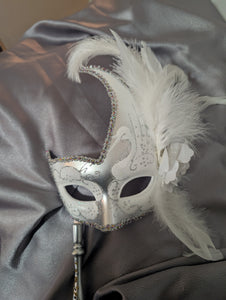 Venetian Style Masquerade Swan Motif with Feathers and Attached Stick in 3 Colors