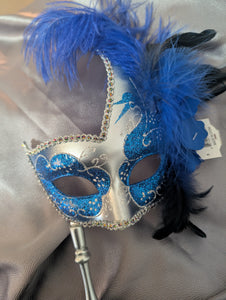 Venetian Style Masquerade Swan Motif with Feathers and Attached Stick in 3 Colors