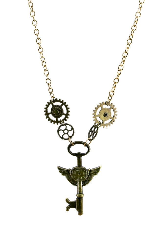 Steampunk Machinery Gear Key Pendant Chain Necklace Women Men Gothic  Jewelry 