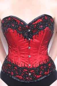 Red Satin Overbust Corset with Black Beading