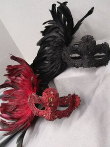 Venetian Lace Mask w/Jewels and Coque Feathers in 3 Colors