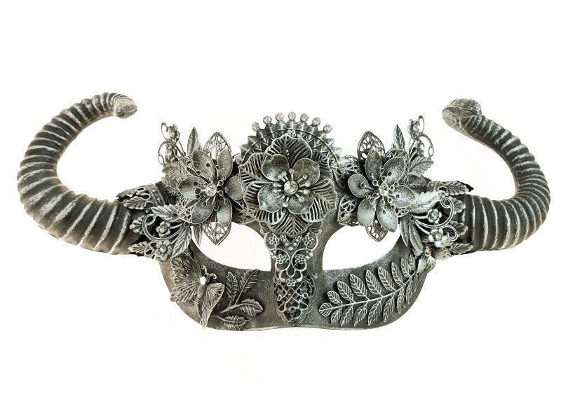 Silver vintage style steampunk mask with horns and floral decoration.