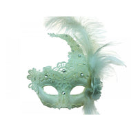 Venetian Style Asymmetrical Mask Lace w/ Feathers on Side in White