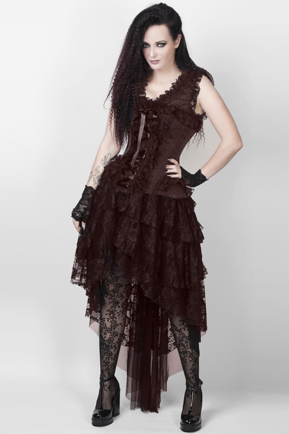 Corset Dress Brown Lace and Brocade With High-Lo skirt