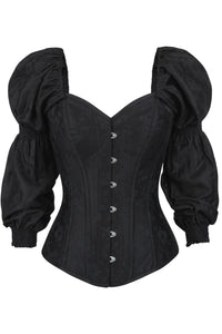 Black Brocade Overbust Corset With Sleeves
